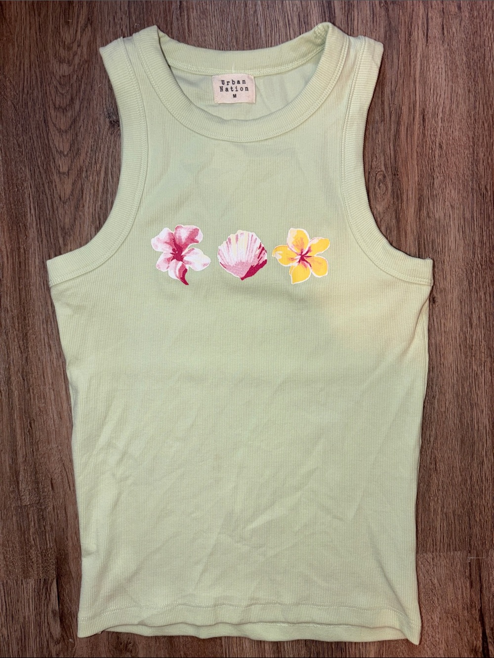 Urban Nation Light Green Tropical Summer Floral Print Ribbed Crewneck Tank
